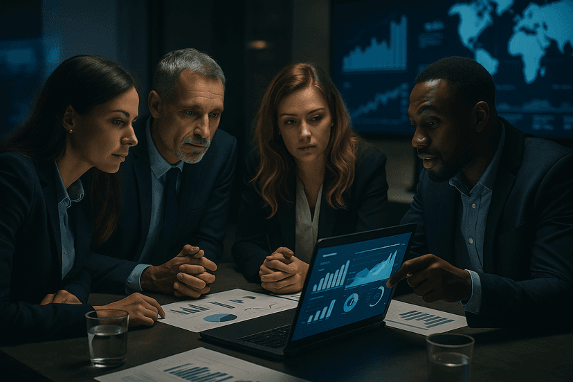 Business professionals working as a team using a laptop