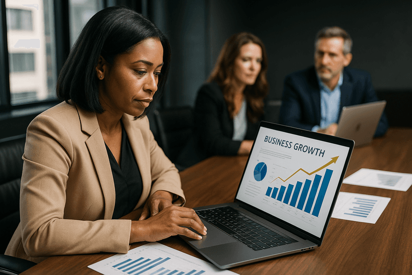 Business professionals reviewing a bar chart from a desktop application